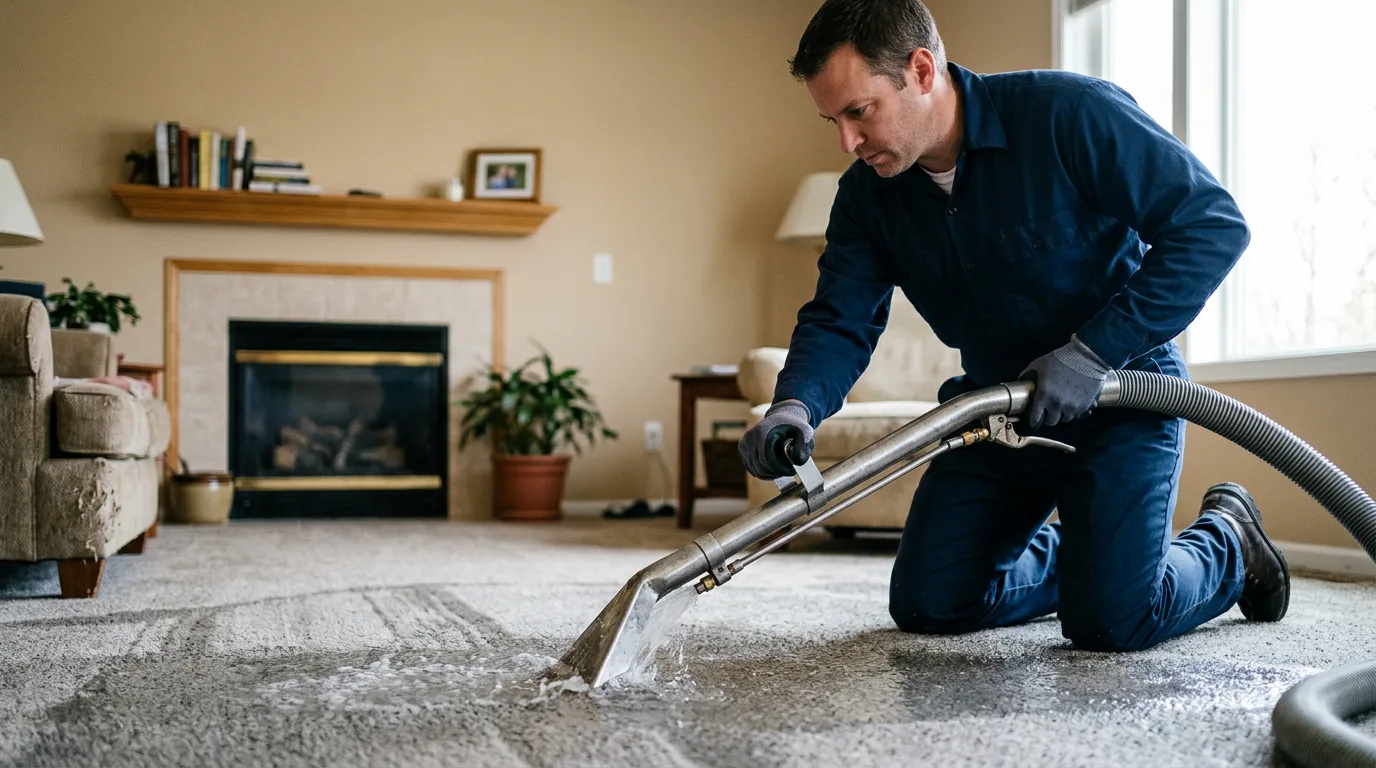 Water damage restoration technician working near Highland, IL